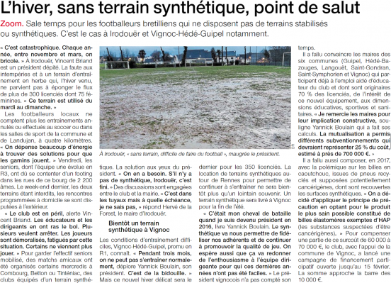 Article ouest france 07 02 2019 l hiver sans terrain synthetique